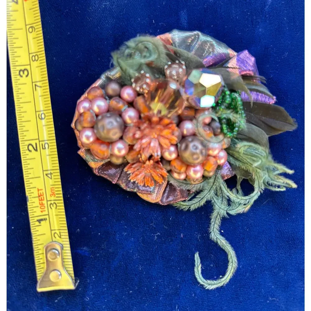 Vintage Mixed Media Brooch Pearls Feathers 3.5